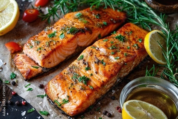 Fototapeta Tasty and fresh cooked salmon fish fillet with lemon and rosemary