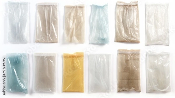 Obraz Various colored plastic bags on a plain white background. Suitable for environmental, recycling, and shopping concepts