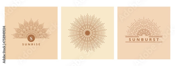 Obraz Hand drawn card of Sun, sunburst, light rays in line art. Bohemian symbol bursting sun rays. Magic vintage collection, antique style, boho, tattoo, emblem, logo. Vector set illustration on beige