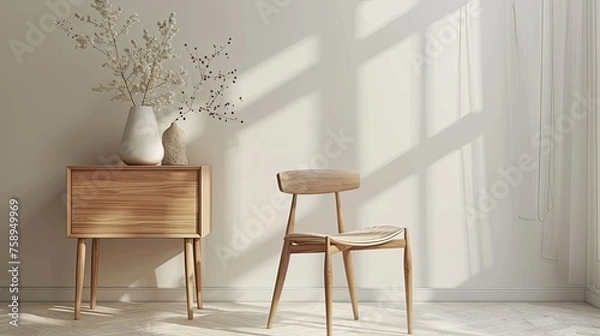 Fototapeta the clean lines and simple elegance of Scandinavian-style furniture and decor. the wooden chair and minimalistic decor on the table to emphasize the room's minimalist aesthetic.
