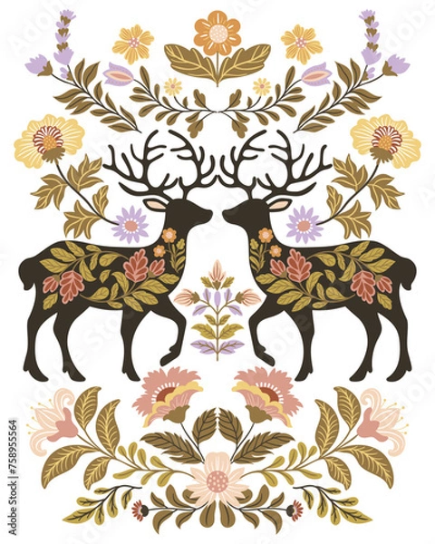 Obraz Postcard or poster made from folk art elements. Folk vector illustration with flowers and deer on a white background. Hand drawn folk flowers. Scandinavian traditional motif