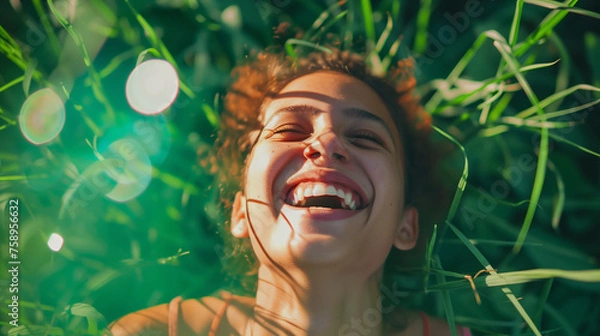 Obraz Overhead shot of a young woman lying in grass, her laughter vibrant against the lush greenery, capturing the essence of joy and the simplicity of a moment spent connecting with nature.