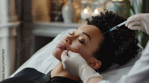 Obraz A young woman receives a cosmetic injection from a professional in a serene spa setting, emphasizing the beauty industry's focus on youth and rejuvenation