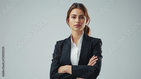 Obraz A poised and professional woman in a sleek black blazer stands confidently with crossed arms, portraying the archetype of modern corporate elegance against a soft gray backdrop