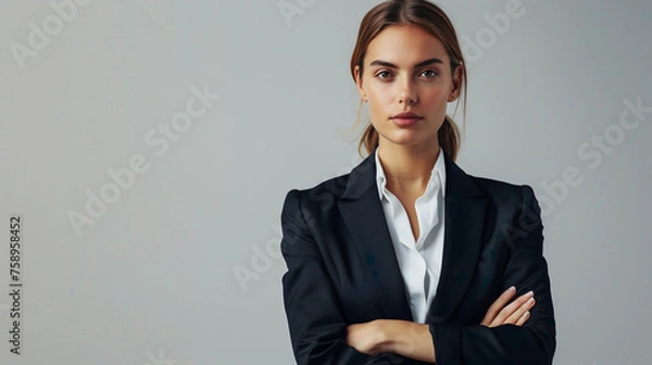 Obraz A composed young businesswoman stands confidently with crossed arms, wearing a formal black suit and white blouse against a minimalistic light background