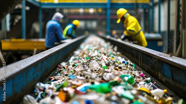 Obraz Man in Yellow Hard Hat and Green Vest Standing Next to Conveyor at Garbage Processing Plant