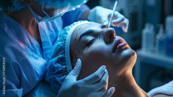 Obraz A dramatic scene of a cosmetic procedure with the client's face marked for enhancements under the meticulous attention of a medical professional in a blue-lit clinical setting