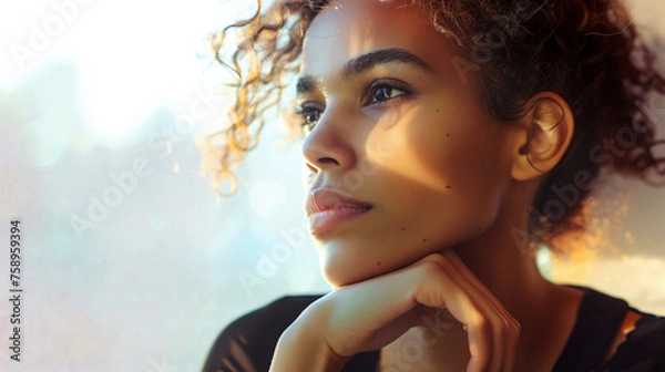 Obraz A young woman's serene profile is bathed in warm sunlight, with her curly hair gently framing her contemplative face. This evocative image showcases a quiet moment of reflection