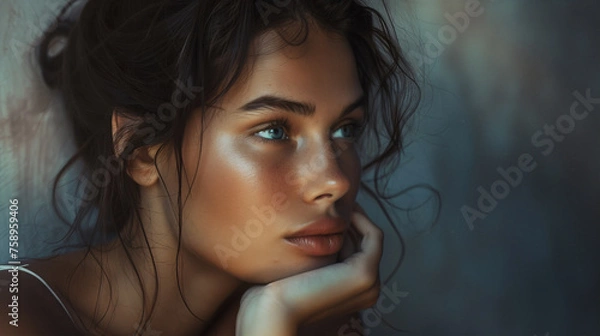 Obraz A close-up of a thoughtful young woman with striking blue eyes and sun-kissed skin, resting her chin on her hand against a blurred background. The portrait captures a moment of introspection