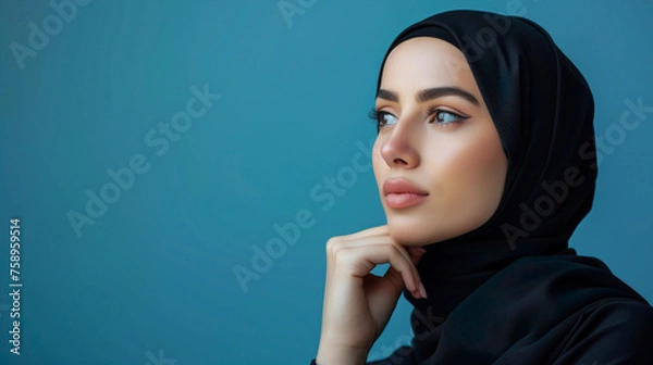 Obraz An elegant woman wearing a hijab looks pensively into the distance, her profile accentuated against a cool blue backdrop. A sense of contemplation and the quiet strength that comes from within