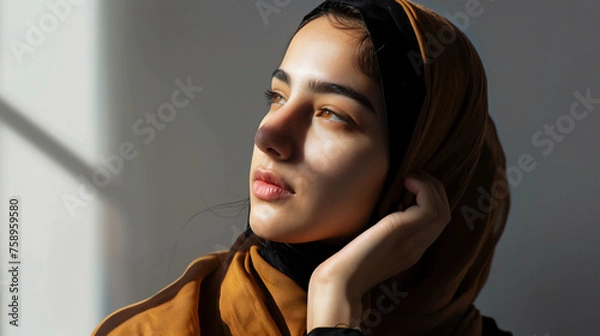 Obraz The golden hues of a hijab complement the natural glow of a young woman's face as she looks contemplatively out of a sunlit window. A serene moment filled with warmth and reflection
