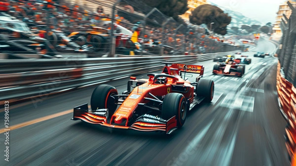 Obraz A photo of the Monaco Grand Prix, with racing cars speeding