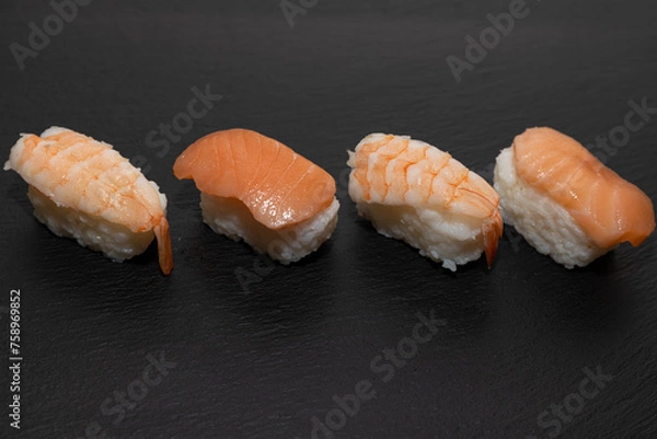 Fototapeta Sushi nigiri with boiled shrimp and raw Atlantic salmon