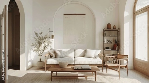 Fototapeta A serene minimalist living room design showcasing arched windows, a neutral color palette, and simplistic furnishings bathed in natural light.