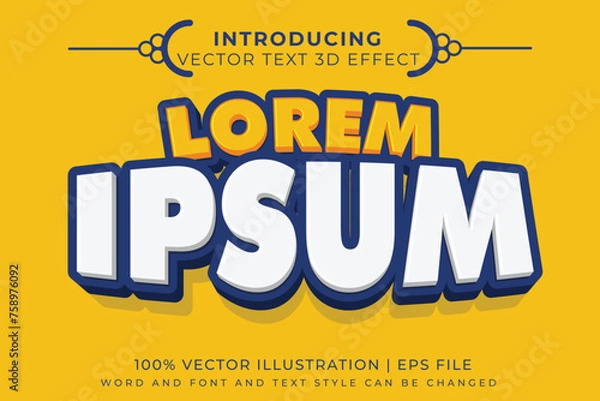 Fototapeta Editable text effect Lorem Ipsum 3D cartoon template style premium vector. Vector illustration
