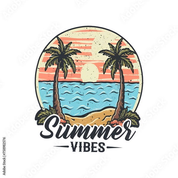 Obraz Summer vibes retro t shirt design illustration, vector. vintage t shirt design, typography print t shirt, beach illustration.
