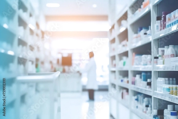 Obraz Pharmacy drugstore shelves interior blur medical background