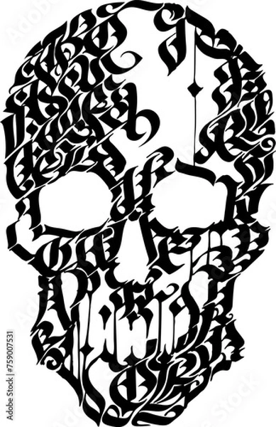 Obraz Adobe IllVector black scull isolated on white. Hand drawn by abstract gothic letters. Monochrome element for design tattoo, t-shirt print, halloween decorations.ustrator Artwork