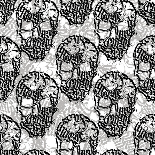 Obraz Vector seamless pattern: black sculls hand drawn from gothic lettering elements and gray ornament on white. Creative modern design for textile, fabric, wallpaper, wrapping paper.