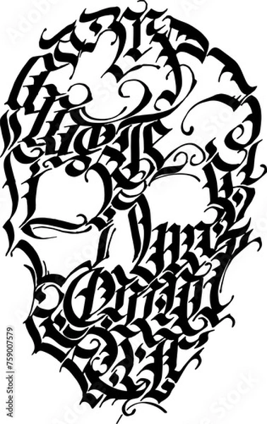 Obraz Adobe IVector black and white illustration: scull in abstract ornament from gothic calligraphy letters. Beautiful element for tattoo, halloween decor, print.llustrator Artwork