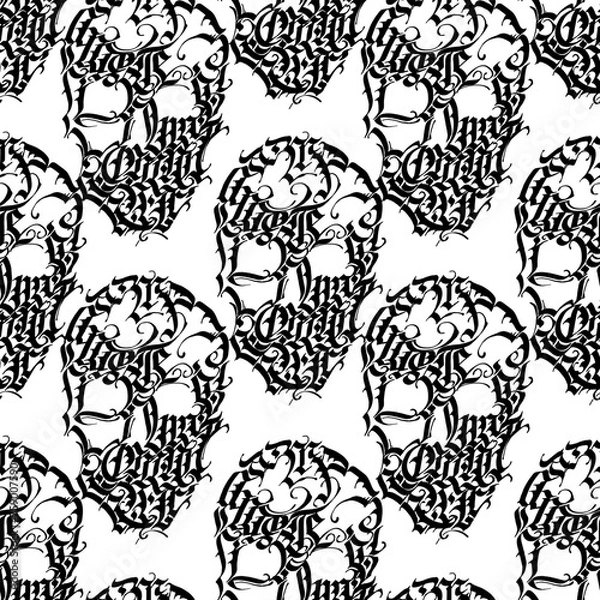 Obraz Vector seamless pattern: black skulls hand drawn by gothic letters ornament on white. Design for textile, fabric, wallpaper, wrapping paper. Halloween decor.