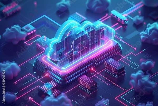 Fototapeta Cloud Computing. 3d isometric illustration of an abstract cloud on top of the main chip, surrounded by other digital elements such as icons and circuit line, network technology concept