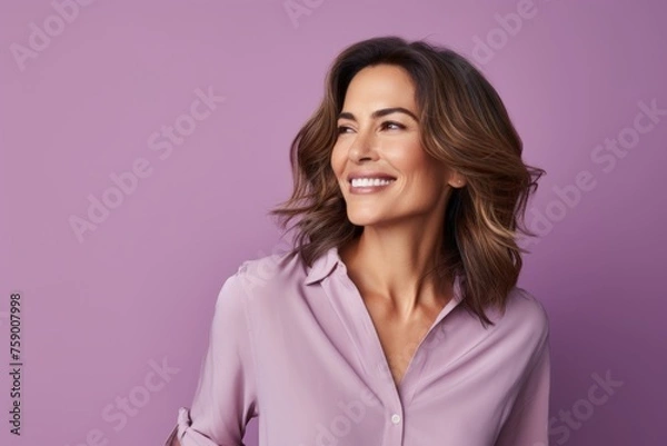 Obraz Portrait of happy smiling business woman in pink shirt, over purple background