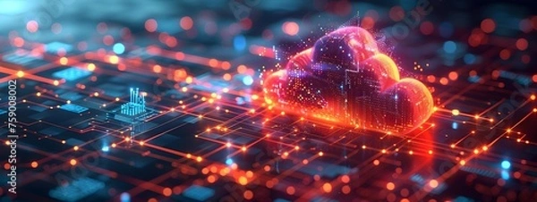 Fototapeta Cloud Computing. 3d isometric illustration of an abstract cloud on top of the main chip, surrounded by other digital elements such as icons and circuit line, network technology concept