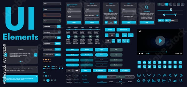 Fototapeta A set of modern web interface elements designed for the development and design of websites and mobile applications. Includes buttons, icons, menus, navigation elements and slyder.