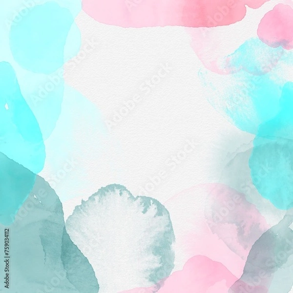 Fototapeta The abstract background illustration. The effect of painting with watercolors on a grainy textured paper. Pastel shades. Multi-colored spots and smudges. Pink, blue. Square frame. 