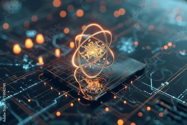 Obraz An intricate 3D isometric representation of an atom with electrons orbiting around the nucleus