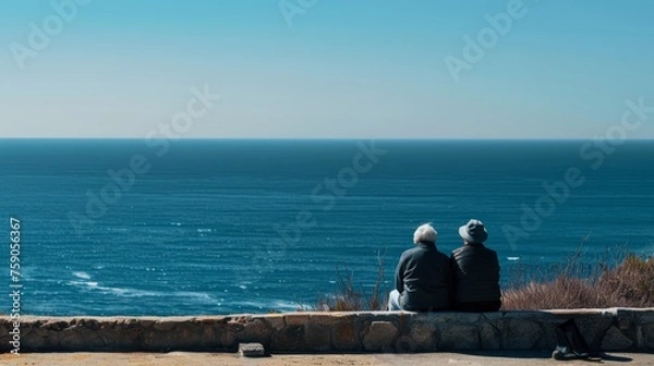 Fototapeta Two senior people are peacefully seated side by side overlooking the serene expanse of the ocean, enjoying a moment of reflection on a sunny day