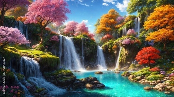 Obraz Fantasy waterfall with autumn trees and beautiful flowers, idyllic landscape