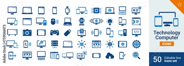 Fototapeta Technology Basic icons Pixel perfect. computer, mobile, system, ...	
