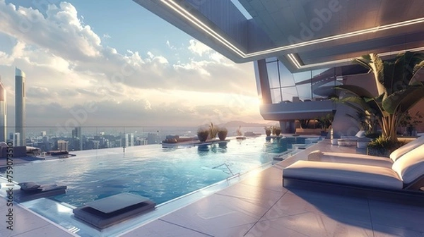 Fototapeta Dive into sophistication with this AI-crafted image of a rooftop pool deck, featuring a sleek geometric design, infinity edge, panoramic city views, and chic lounge furniture.