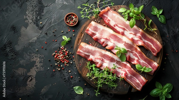 Fototapeta Raw bacon back rashers unsmoked on a wooden platter on dark stony background with decorative herbs around