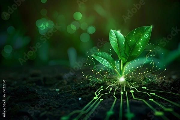 Fototapeta Using agricultural technologies for growing plants and scientific plants research concepts. Nature, technology and environment. Futuristic agriculture. Generative AI