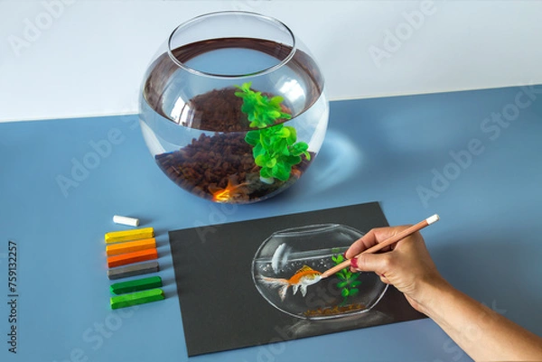Fototapeta Soft pastel painting, drawing of gold fish in the bowl on the blue background. Set of soft pastel crayons	
