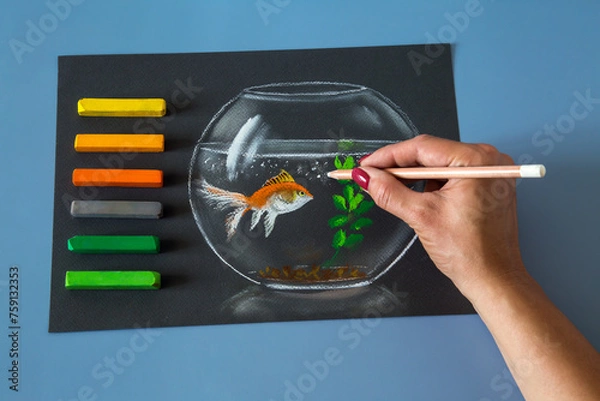 Fototapeta Soft pastel painting of fish in the bowl, with colorfull crayons, top view desk