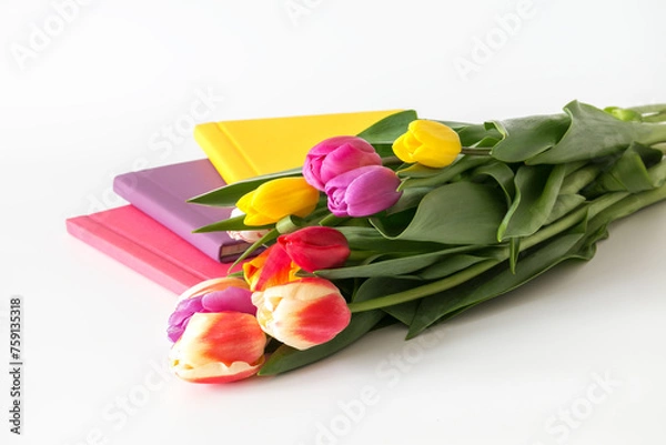 Fototapeta multicolor tulip bouquet with photo book set on the white background, gift on holiday, isolated on white