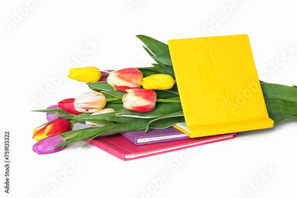 Fototapeta multicolor tulips bouquet with book set on the white background, gift on holiday, isolated on white