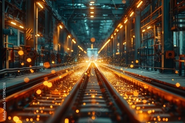 Fototapeta Illuminated railway tracks with sparks flying in an industrial workshop during a nighttime work session