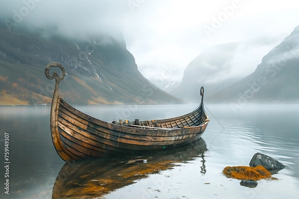 Fototapeta A Viking Ship Rests In A Fjord, Testament To Ancient Exploration