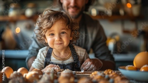Fototapeta A child cautiously cracking an egg, with attentive parental supervision, in the warmth of their home kitchen