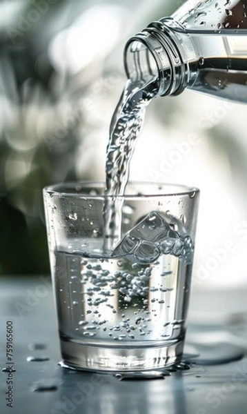 Obraz  Pouring mineral water from a bottle into a glass, with a water background
