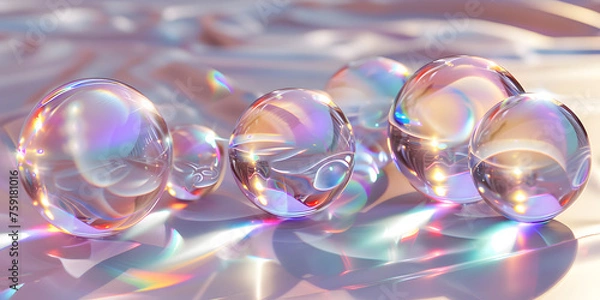 Fototapeta Ultra-sharp 3D visualization of iridescent glass sculptures, displaying a play of light and colors like soap bubbles in sunlight 