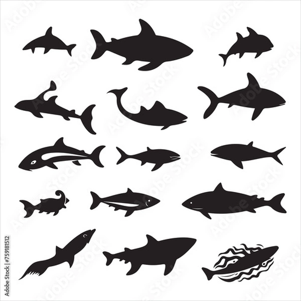 Fototapeta A black silhouette Sea animals set
