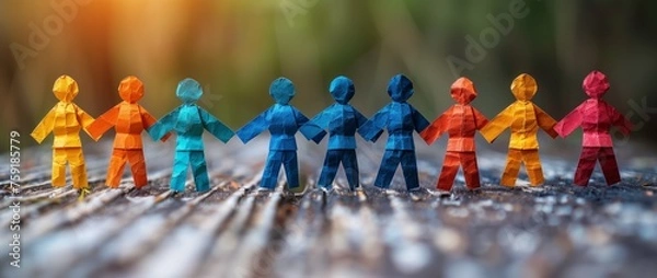 Fototapeta Colorful paper dolls on wooden table, creating a fun and artistic display