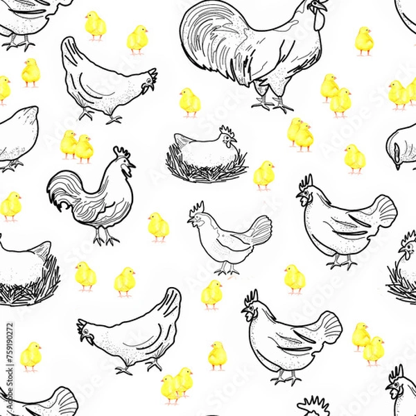 Fototapeta Happy chicken seamless pattern. Farm Animals, Rooster, Hen, Bio Eggs, Coop, Chicks, Nest, Eco Village. Isolated elements. Stock illustration. Hand painted in watercolor.