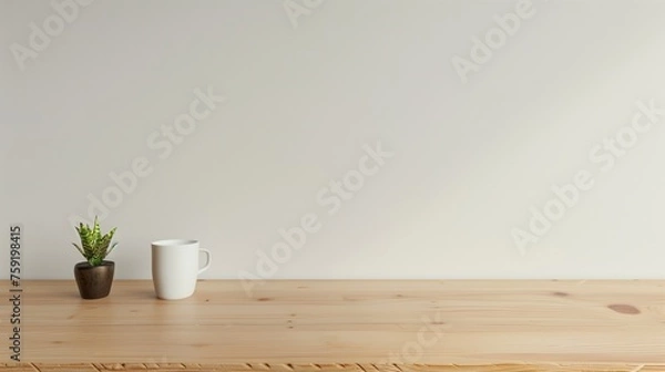 Obraz Table with white background wall with a cup and a plant for montage of product or presentation